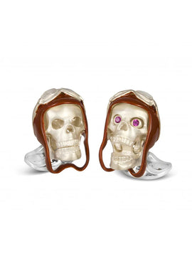 Sterling Silver Skull Cufflinks with Brown Vintage Aviator Pilot Hat