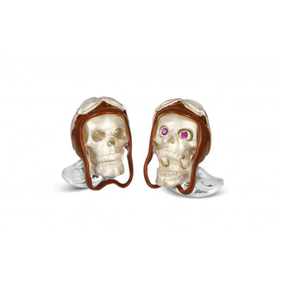 Sterling Silver Skull Cufflinks with Brown Vintage Aviator Pilot Hat